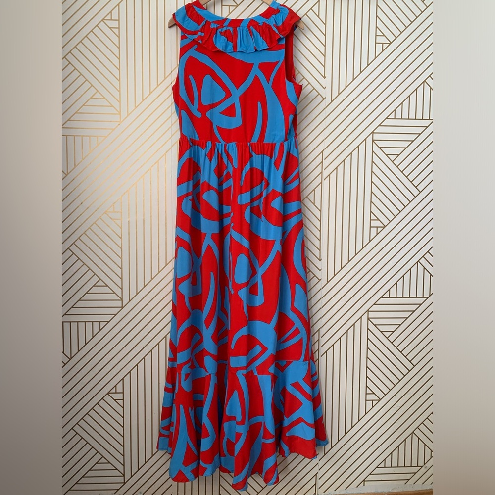 Sugarlips Ohana Bayla Deep V Maxi Dress ruffle abstract floral leaves 100% Rayon - Picture 7 of 8